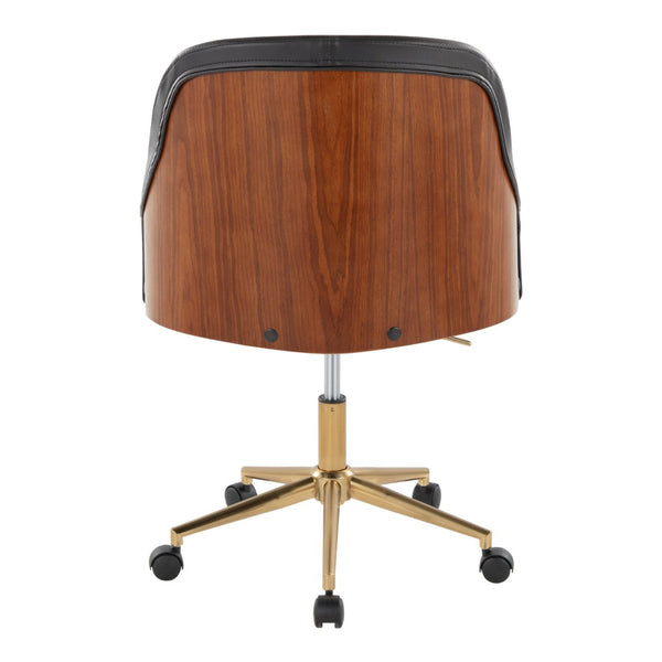 English Elm Office Swivel Chair with Gold Base Walnut Accents and Black Faux Leather Seat B202P474166