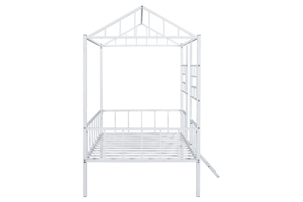 English Elm Twin Contemporary House-Style Loft Bed with Full Metal Frame, Angled Ladder, Sturdy Kids Bunk Design White 78 L x 15 W x 7 H B2741P347294