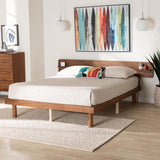 Baxton Studio Morana Mid-Century Modern Walnut Brown Finished Wood Queen Size Platform Bed with Built-in Shelf