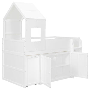 English Elm Twin House Loft Bed with Pull Out Rolling Desk Stair Drawers and Cabinet Storage White N820S00072K