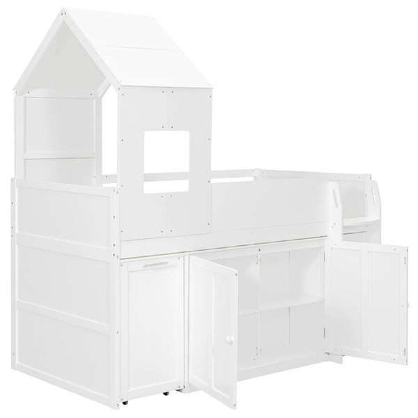 English Elm Twin House Loft Bed with Pull Out Rolling Desk Stair Drawers and Cabinet Storage White N820S00072K