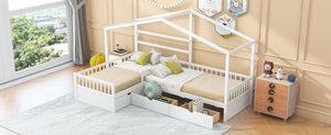 English Elm Twin House Platform Bed with Three Storage Drawers for Kids, Solid Pine & MDF, Sleek Roof Design White GX001026AAK
