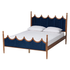 Baxton Studio Baxton Calgary Retro-Modern Queen Platform Bed in Royal Blue Velvet & Walnut Wood for Stylish Comfort MG0209-Navy Blue/Walnut- Queen