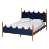 Calgary Retro-Modern Royal Blue Velvet Fabric and Walnut Brown Wood Queen Size Platform Bed