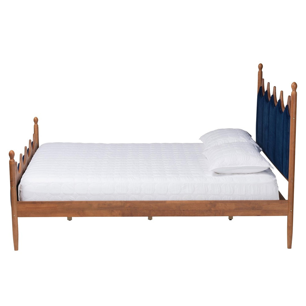 Baxton Studio Baxton Calgary Retro-Modern Queen Platform Bed in Royal Blue Velvet & Walnut Wood for Stylish Comfort MG0209-Navy Blue/Walnut- Queen