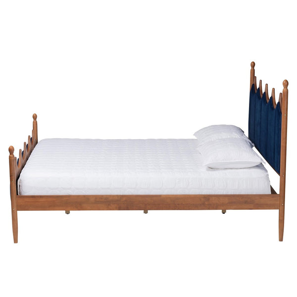 Baxton Studio Baxton Calgary Retro-Modern Queen Platform Bed in Royal Blue Velvet & Walnut Wood for Stylish Comfort MG0209-Navy Blue/Walnut- Queen