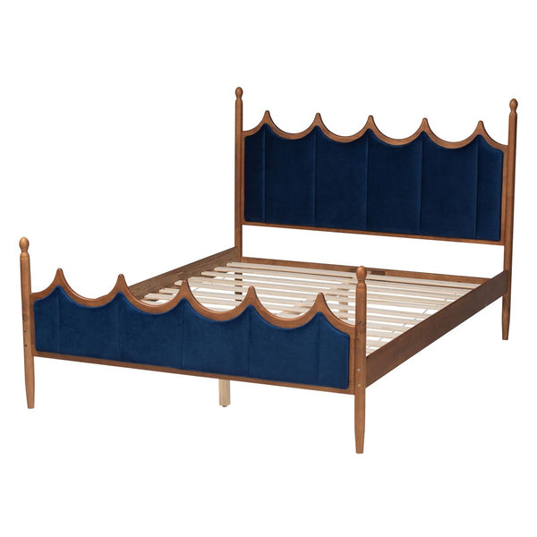 Baxton Studio Baxton Calgary Retro-Modern Queen Platform Bed in Royal Blue Velvet & Walnut Wood for Stylish Comfort MG0209-Navy Blue/Walnut- Queen