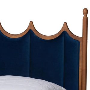 Baxton Studio Baxton Calgary Retro-Modern Queen Platform Bed in Royal Blue Velvet & Walnut Wood for Stylish Comfort MG0209-Navy Blue/Walnut- Queen