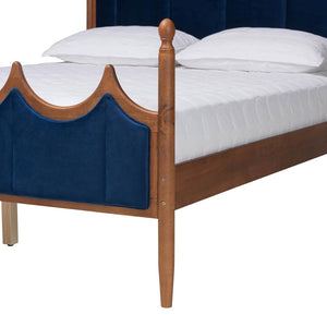 Baxton Studio Baxton Calgary Retro-Modern Queen Platform Bed in Royal Blue Velvet & Walnut Wood for Stylish Comfort MG0209-Navy Blue/Walnut- Queen