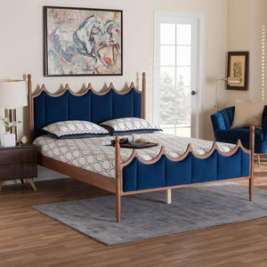 Baxton Studio Baxton Calgary Retro-Modern Queen Platform Bed in Royal Blue Velvet & Walnut Wood for Stylish Comfort MG0209-Navy Blue/Walnut- Queen