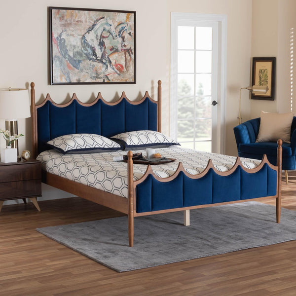 Baxton Studio Baxton Calgary Retro-Modern Queen Platform Bed in Royal Blue Velvet & Walnut Wood for Stylish Comfort MG0209-Navy Blue/Walnut- Queen