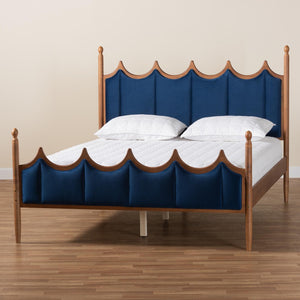Baxton Studio Baxton Calgary Retro-Modern Queen Platform Bed in Royal Blue Velvet & Walnut Wood for Stylish Comfort MG0209-Navy Blue/Walnut- Queen
