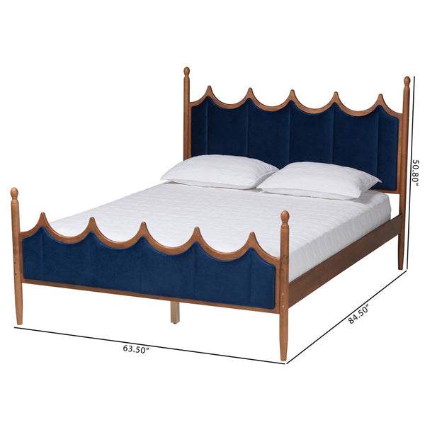 Baxton Studio Baxton Calgary Retro-Modern Queen Platform Bed in Royal Blue Velvet & Walnut Wood for Stylish Comfort MG0209-Navy Blue/Walnut- Queen