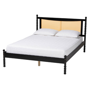 Baxton Studio Okena Mid-Century Modern Black Wood Queen Size Platform Bed with Woven Rattan