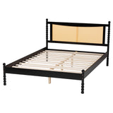 Baxton Studio Okena Mid-Century Modern Black Wood Queen Size Platform Bed with Woven Rattan