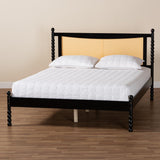 Baxton Studio Okena Mid-Century Modern Black Wood Queen Size Platform Bed with Woven Rattan