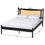 Baxton Studio Okena Mid-Century Modern Black Wood Queen Size Platform Bed with Woven Rattan