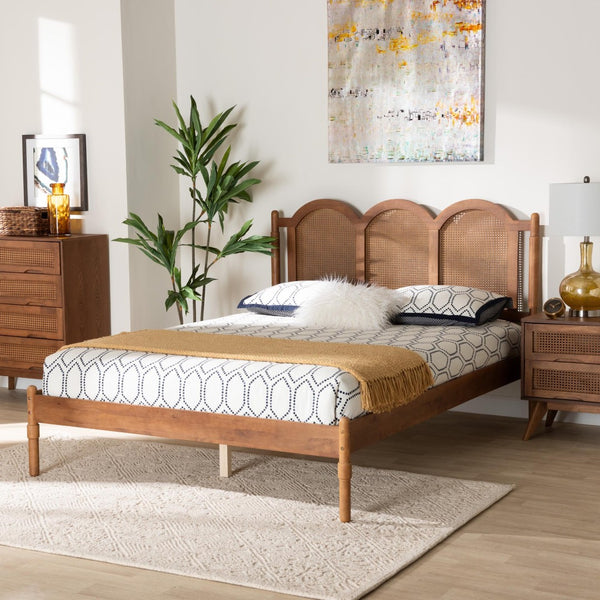 Baxton Studio Baxton Studio Thatcher Queen Platform Bed - Mid-Century Walnut Wood with Woven Rattan Accents MG0211-Walnut-Queen