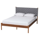 Estela Mid-Century Modern Grey Woven Fabric and Walnut Brown Wood Queen Size Platform Bed