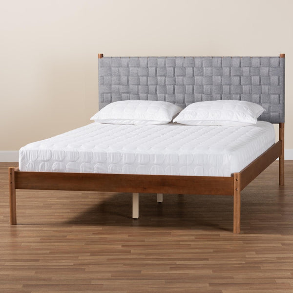 Baxton Studio Baxton Studio Estela Queen Platform Bed – Mid-Century Modern Grey Fabric & Walnut Wood Elegance MG0220-1-Grey Weaved/Walnut-Queen