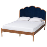 Hadria Mid-Century Modern Navy Blue Velvet and Walnut Brown Finished Wood Queen Size Platform Bed