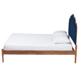 Baxton Studio Hadria Mid-Century Modern Navy Blue Velvet and Walnut Brown Finished Wood Queen Size Platform Bed