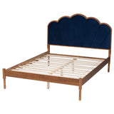 Baxton Studio Hadria Mid-Century Modern Navy Blue Velvet and Walnut Brown Finished Wood Queen Size Platform Bed