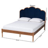 Baxton Studio Hadria Mid-Century Modern Navy Blue Velvet and Walnut Brown Finished Wood Queen Size Platform Bed