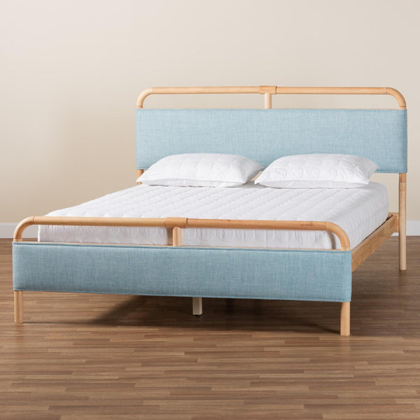 Baxton Studio Baxton Mateo Modern Queen Size Platform Bed in Baby Blue Fabric & Natural Wood - Stylish Comfort! MG0110-Blue/Natural-Queen