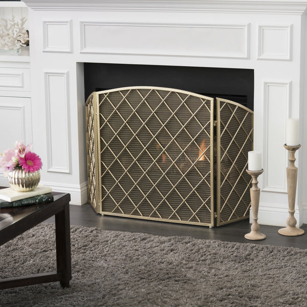 English Elm Christopher Knight Home® - FIRE Amiyah 3-Panel Iron Fireplace Screen - Decorative Protective Mesh Shield for Hearth Safety and Style Gold 61127.00GLD