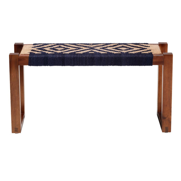 Baxton Studio bali Prunella Modern Bohemian Accent Bench - Two-Tone Navy Blue Seagrass & Acacia Wood Design F232-FT23-Navy Blue/Brown Diamond Pattern-Bench