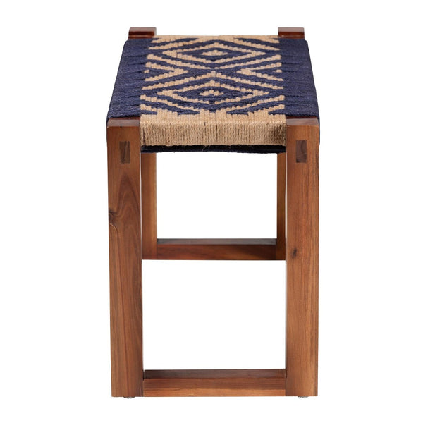 Baxton Studio bali Prunella Modern Bohemian Accent Bench - Two-Tone Navy Blue Seagrass & Acacia Wood Design F232-FT23-Navy Blue/Brown Diamond Pattern-Bench