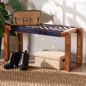 Baxton Studio bali Prunella Modern Bohemian Accent Bench - Two-Tone Navy Blue Seagrass & Acacia Wood Design F232-FT23-Navy Blue/Brown Diamond Pattern-Bench