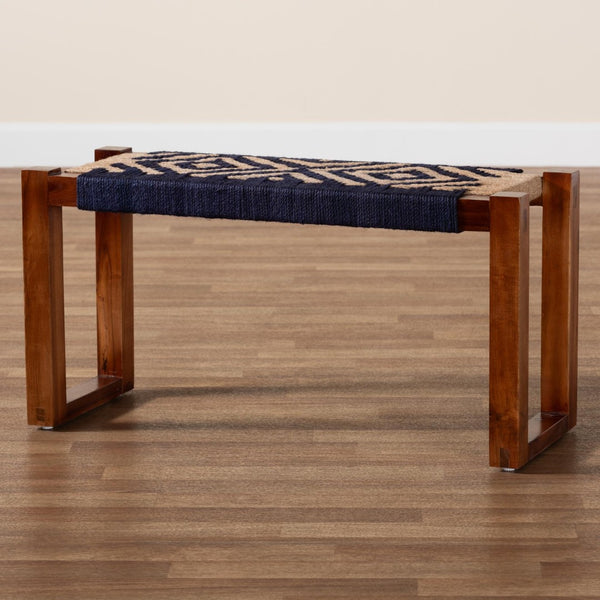 Baxton Studio bali Prunella Modern Bohemian Accent Bench - Two-Tone Navy Blue Seagrass & Acacia Wood Design F232-FT23-Navy Blue/Brown Diamond Pattern-Bench