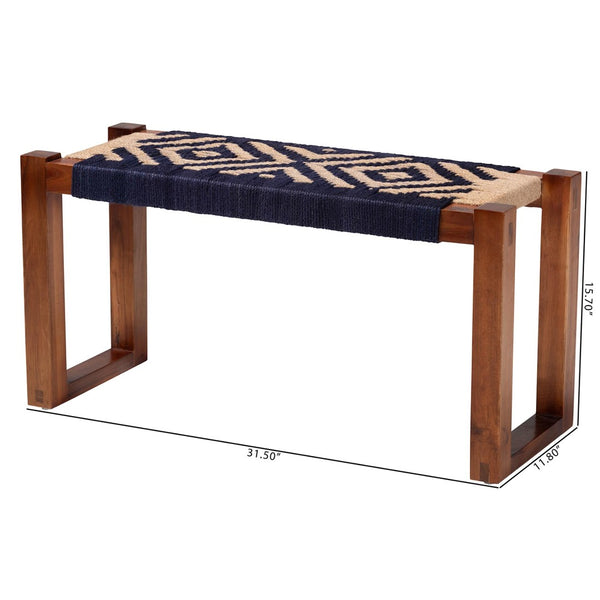 Baxton Studio bali Prunella Modern Bohemian Accent Bench - Two-Tone Navy Blue Seagrass & Acacia Wood Design F232-FT23-Navy Blue/Brown Diamond Pattern-Bench