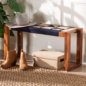 Baxton Studio bali Jerilyn Modern Bohemian Accent Bench in Two-Tone Navy Blue & Natural Brown Seagrass Design F232-FT23-Navy Blue/Brown Triangle Pattern-Bench