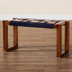 Baxton Studio bali Jerilyn Modern Bohemian Accent Bench in Two-Tone Navy Blue & Natural Brown Seagrass Design F232-FT23-Navy Blue/Brown Triangle Pattern-Bench