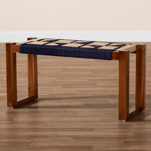 Baxton Studio bali Jerilyn Modern Bohemian Accent Bench in Two-Tone Navy Blue & Natural Brown Seagrass Design F232-FT23-Navy Blue/Brown Triangle Pattern-Bench