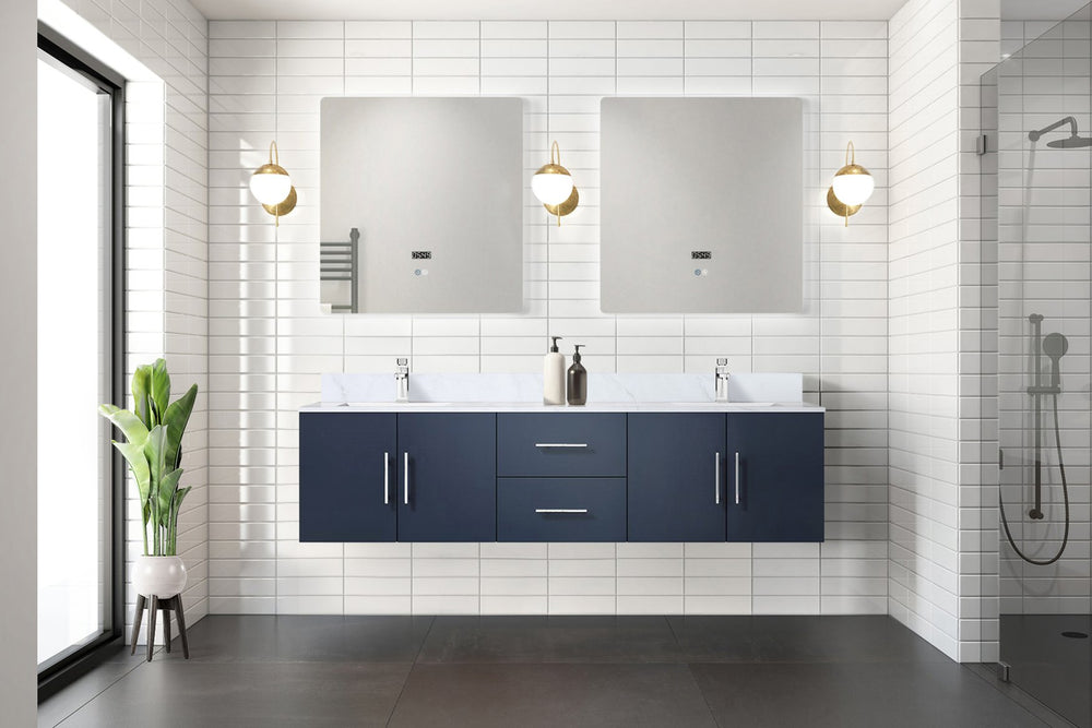English Elm Navy Double Bath Vanity 72” W, Carrara Marble Top & 30” Led Mirrors - Stylish Storage Solution! B2731S00831