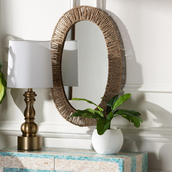 Baxton Studio bali Elwyn Modern Bohemian Oval Wall Mirror with Natural Seagrass Wrap for Rustic Charm & Style F232-FT27-Seagrass-Mirror