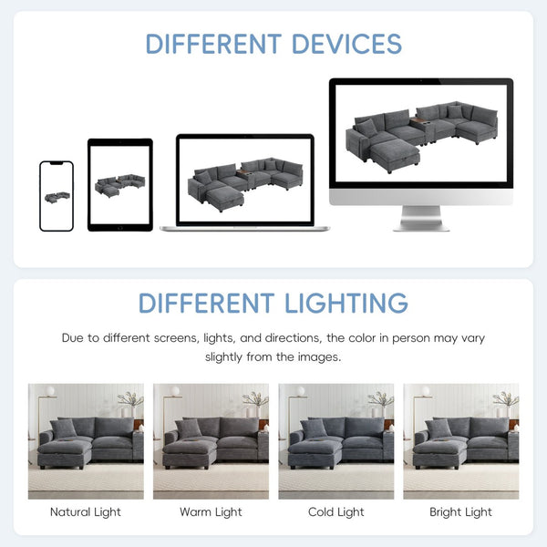 English Elm 139'' U-shaped Corduroy Sectional with Ottoman Console Usb Port and Cup Holders for Living Gray N723S1166E