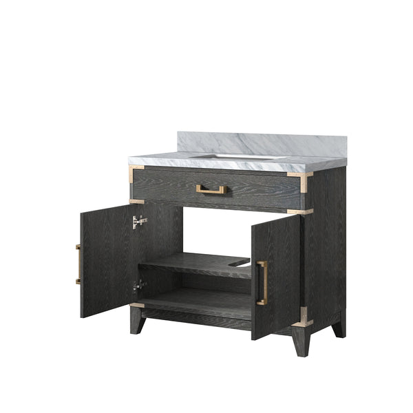English Elm Black Oak Single Vanity 36" W With Premium Carrara Marble Top, Soft-Close Doors & Stylish Storage B2731P260909