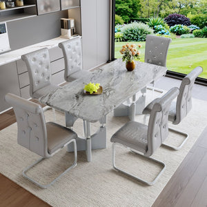English Elm Modern White Faux Marble 7 Piece Dining Set Tufted Pvc Chairs for Kitchen W3875S00062