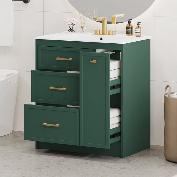 English Elm Classic 30" Forest Green Bathroom Vanity with Gold Handles, Double-Layer Drawer, Ceramic Sink Elegance N729P194978F