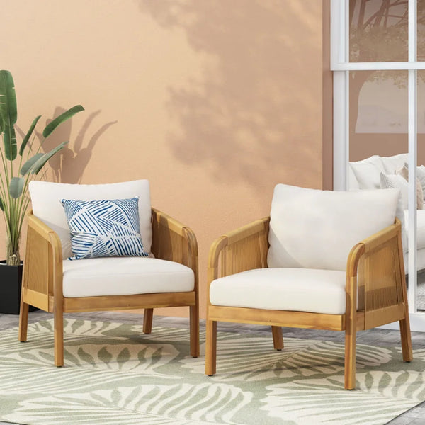 English Elm Christopher Knight Home® - Set of 2 Acacia Wood Outdoor Club Chairs with Wicker, Teak Finish & Beige Cushions, Deep Seat Comfort 72409.00LBGE-2