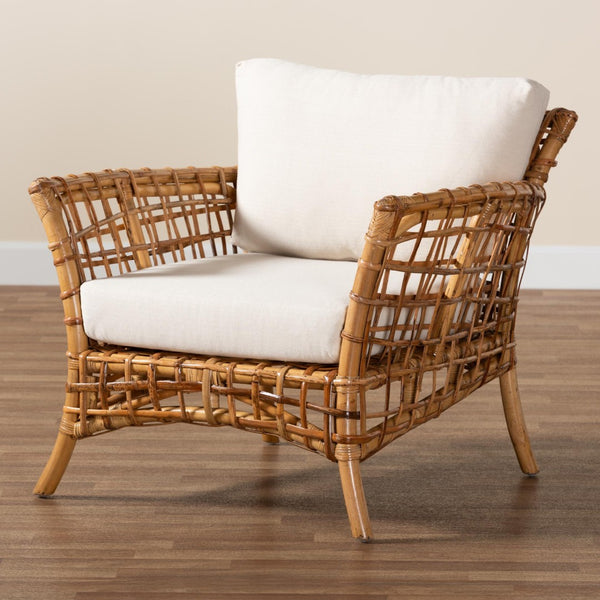 Baxton Studio bali Babette Modern Bohemian Rattan Arm Chair - Handcrafted Comfort for Coastal and Eclectic Spaces DCWH 10015-Mina/White Cushions-CC