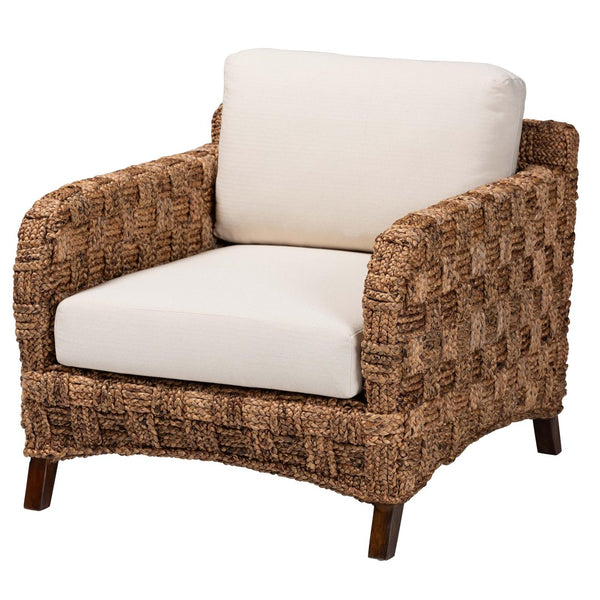 Baxton Studio bali Vevina Modern Bohemian Arm Chair - Dark Brown Mahogany & Woven Seagrass, Fully Assembled Comfort DCWH 10016-Natural/White Cushions-CC
