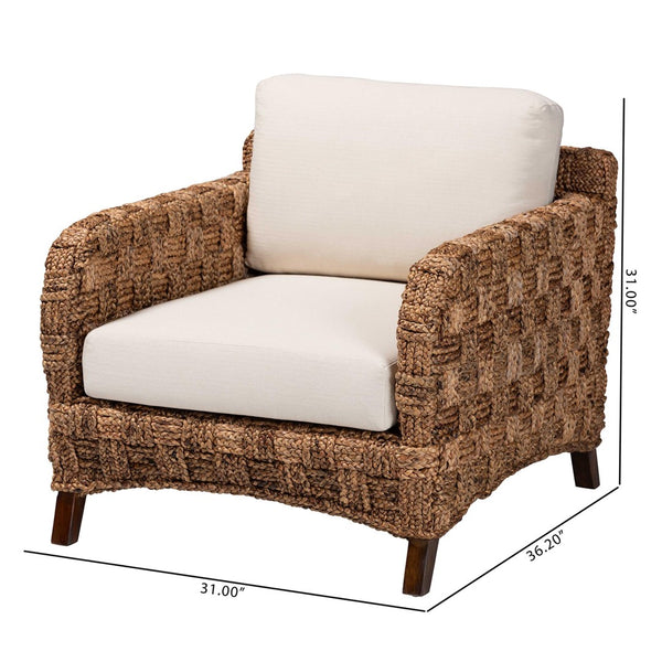 Baxton Studio bali Vevina Modern Bohemian Arm Chair - Dark Brown Mahogany & Woven Seagrass, Fully Assembled Comfort DCWH 10016-Natural/White Cushions-CC