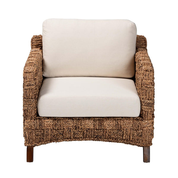 Baxton Studio bali Vevina Modern Bohemian Arm Chair - Dark Brown Mahogany & Woven Seagrass, Fully Assembled Comfort DCWH 10016-Natural/White Cushions-CC