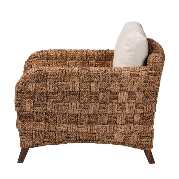 Baxton Studio bali Vevina Modern Bohemian Arm Chair - Dark Brown Mahogany & Woven Seagrass, Fully Assembled Comfort DCWH 10016-Natural/White Cushions-CC